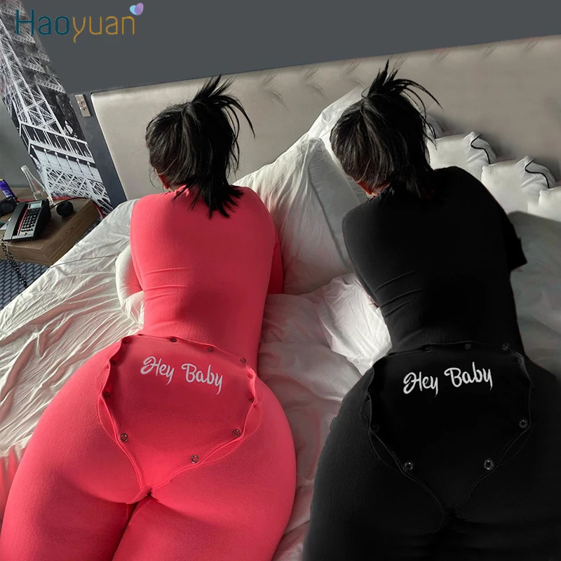 

HAOYUAN Letter Embroidery Adults Onesie with Butt Flap for Women Sexy Onesies Pijamas Open Butt One Piece Jumpsuit Sleepwear