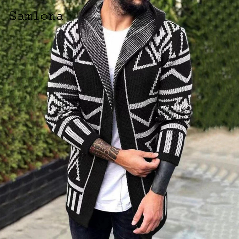 Мужской вязаный свитер Samlona кофта с длинным рукавом и капюшоном графическим