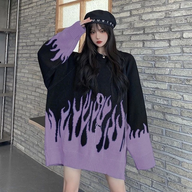 Autumn Winter Hip-hop Style Flame Jacquard Pullover Sweater Women Casual Loose Long O-neck Knitted Sweater Oversize Warm Sweater
Autumn Winter Hip-hop Style Flame Jacquard Pullover Sweater Women Casual Loose Long O-neck Knitted Sweater Oversize Warm Sweater