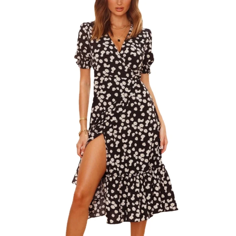 Women Black Dress Flower Print Puff Short Sleeve Vintage Boho Ruffles Split Dress V Neck High Waist Casual Female Vestidos 2021
Women Black Dress Flower Print Puff Short Sleeve Vintage Boho Ruffles Split Dress V Neck High Waist Casual Female Vestidos 2021