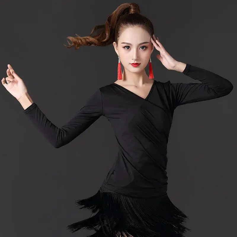 

New Latin Dance Clothes Women's Autumn And Winter New Long-sleeved Ballroom Dancing Shirts Solid Color V-neck Tango Modern Women