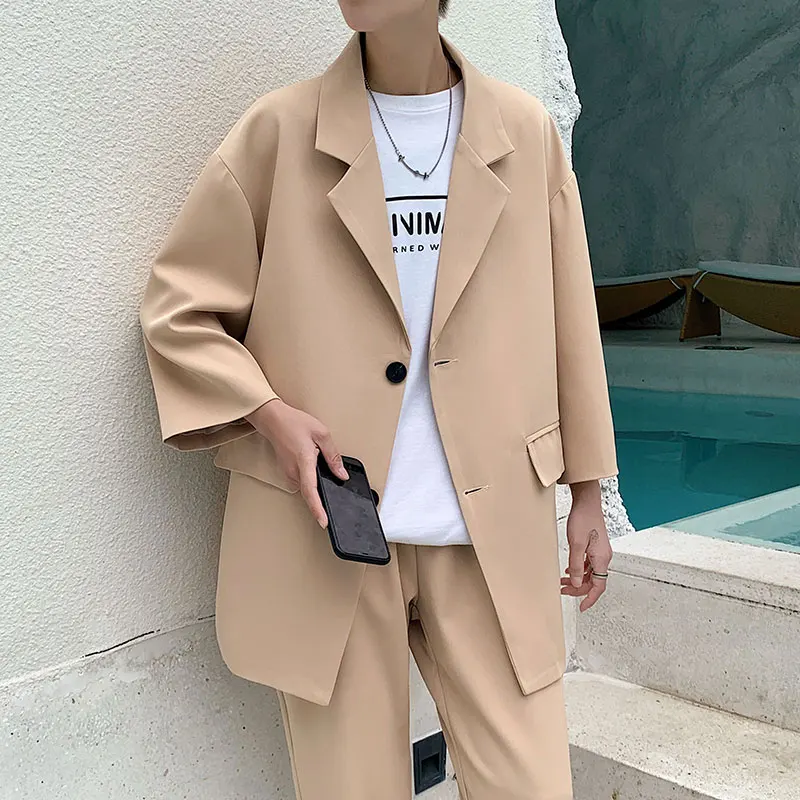 2021 Fashion Men's Suit Three-quarter Sleeves Jacket Ankle-length Pant Black Khaki Baggy Casual Streetwear Summer Clothing Sets
2021 Fashion Men's Suit Three-quarter Sleeves Jacket Ankle-length Pant Black Khaki Baggy Casual Streetwear Summer Clothing Sets