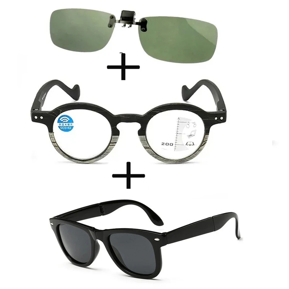 

3Pcs!! Progressive Multifocal Far and Near Reading Glasses Men Women + Squared Polarized Sunglasses Outdoor + Sunglasses Clip