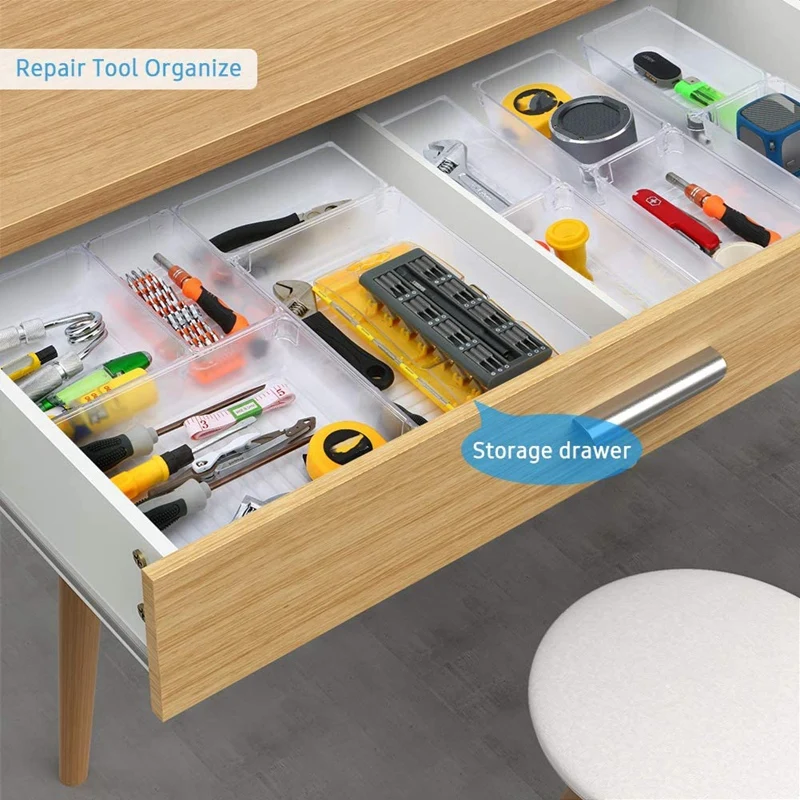 Set Of 12 Desk Drawer Organizer Trays with 3-Size Clear Plastic Storage Boxes Divider Make-Up Organiser for Office
Set Of 12 Desk Drawer Organizer Trays with 3-Size Clear Plastic Storage Boxes Divider Make-Up Organiser for Office