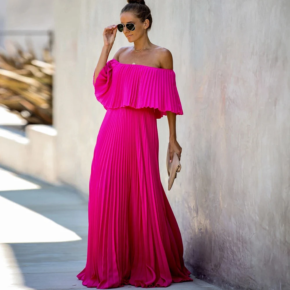 Yuvie Sexy Off Shoulder Women Dress Maxi Black Pleated Aline Vestidos Wedding Party Slash Neck Summer Long Pink Chiffon Dresses
Yuvie Sexy Off Shoulder Women Dress Maxi Black Pleated Aline Vestidos Wedding Party Slash Neck Summer Long Pink Chiffon Dresses