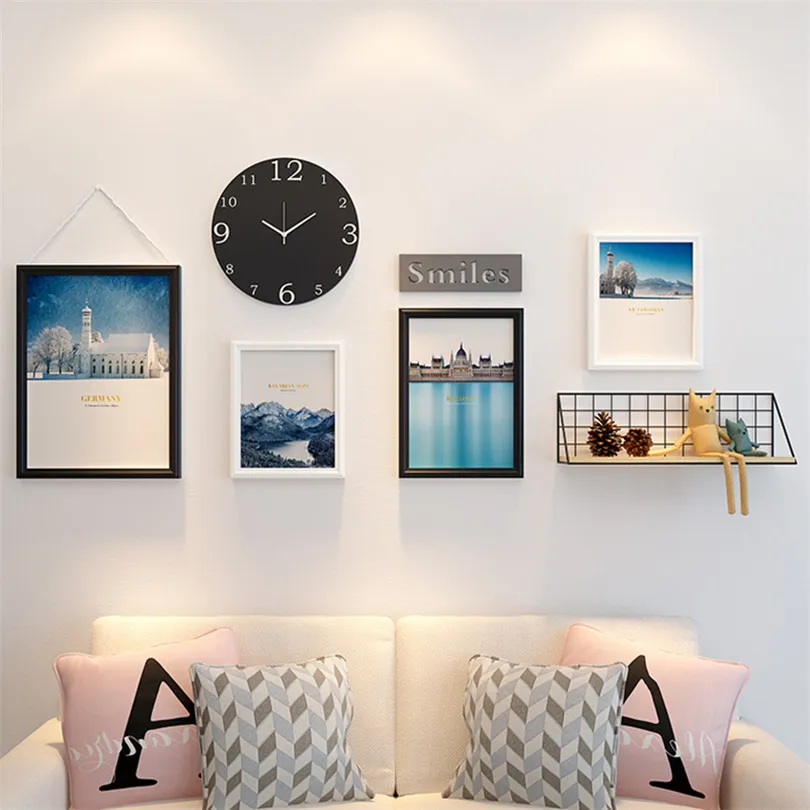 Black White Wood Photo Frame Set Vintage 4pcs Picture Frams+Black Clock+Shelf Wall Art Picture Frame Set Home Decor Cornice Foto
Black White Wood Photo Frame Set Vintage 4pcs Picture Frams+Black Clock+Shelf Wall Art Picture Frame Set Home Decor Cornice Foto