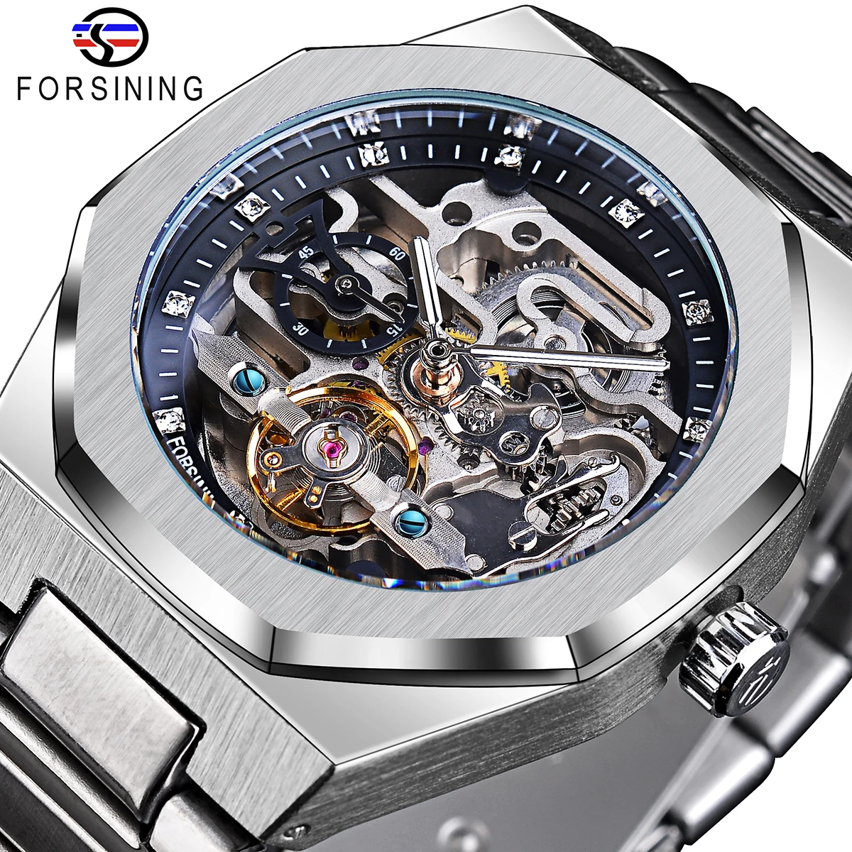 Forsining серебряные автоматические часы 3D Алмазный Скелет Полые мужские наручные