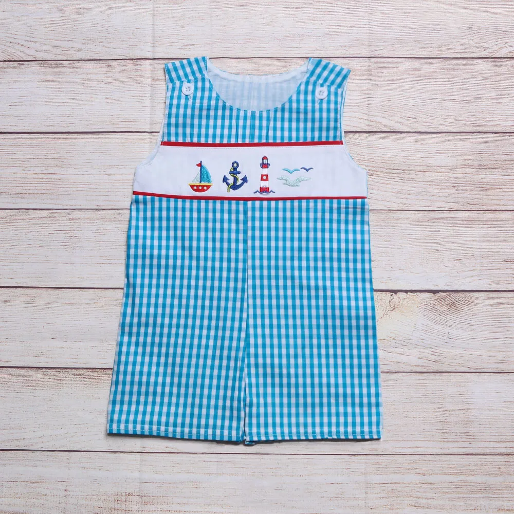 Летняя одежда для мальчиков, синий клетчатый комбинезон без рукавов с изображением якоря и парусника, с вышивкой, для малышей
Летняя одежда для мальчиков, синий клетчатый комбинезон без рукавов с изображением якоря и парусника, с вышивкой, для малышей