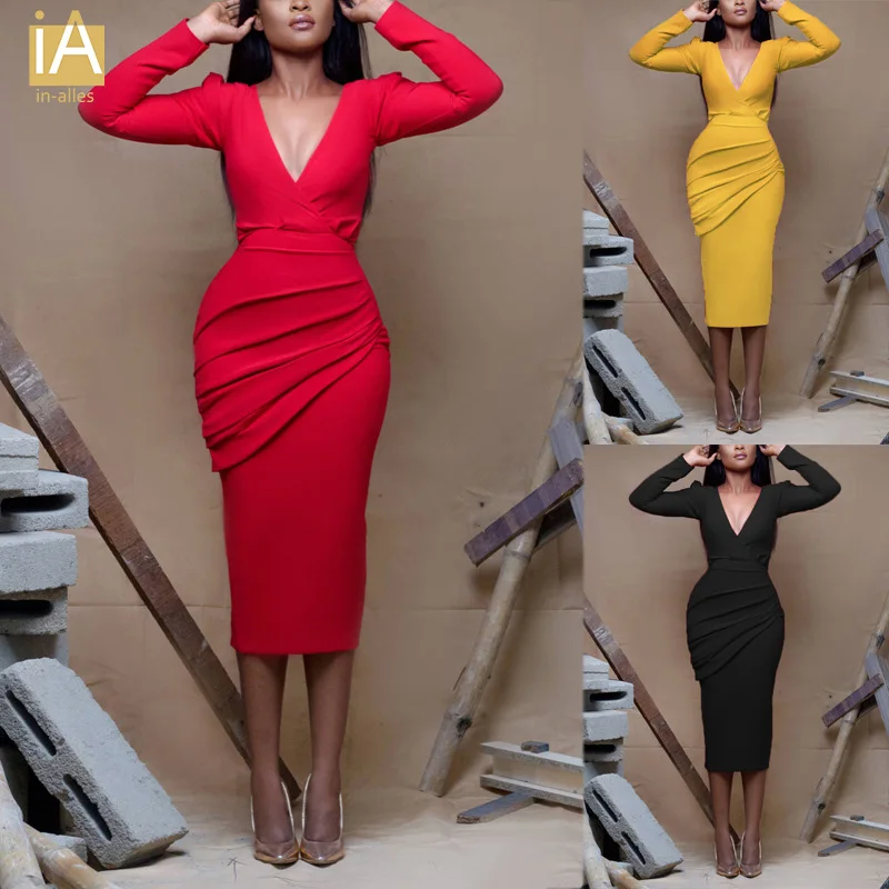 Winter Casual Solid Color Long Sleeve Elegant Office Lady Dress Sexy Deep V Neck Bodycon Pencil Party Dresses Women Dress Autumn
Winter Casual Solid Color Long Sleeve Elegant Office Lady Dress Sexy Deep V Neck Bodycon Pencil Party Dresses Women Dress Autumn