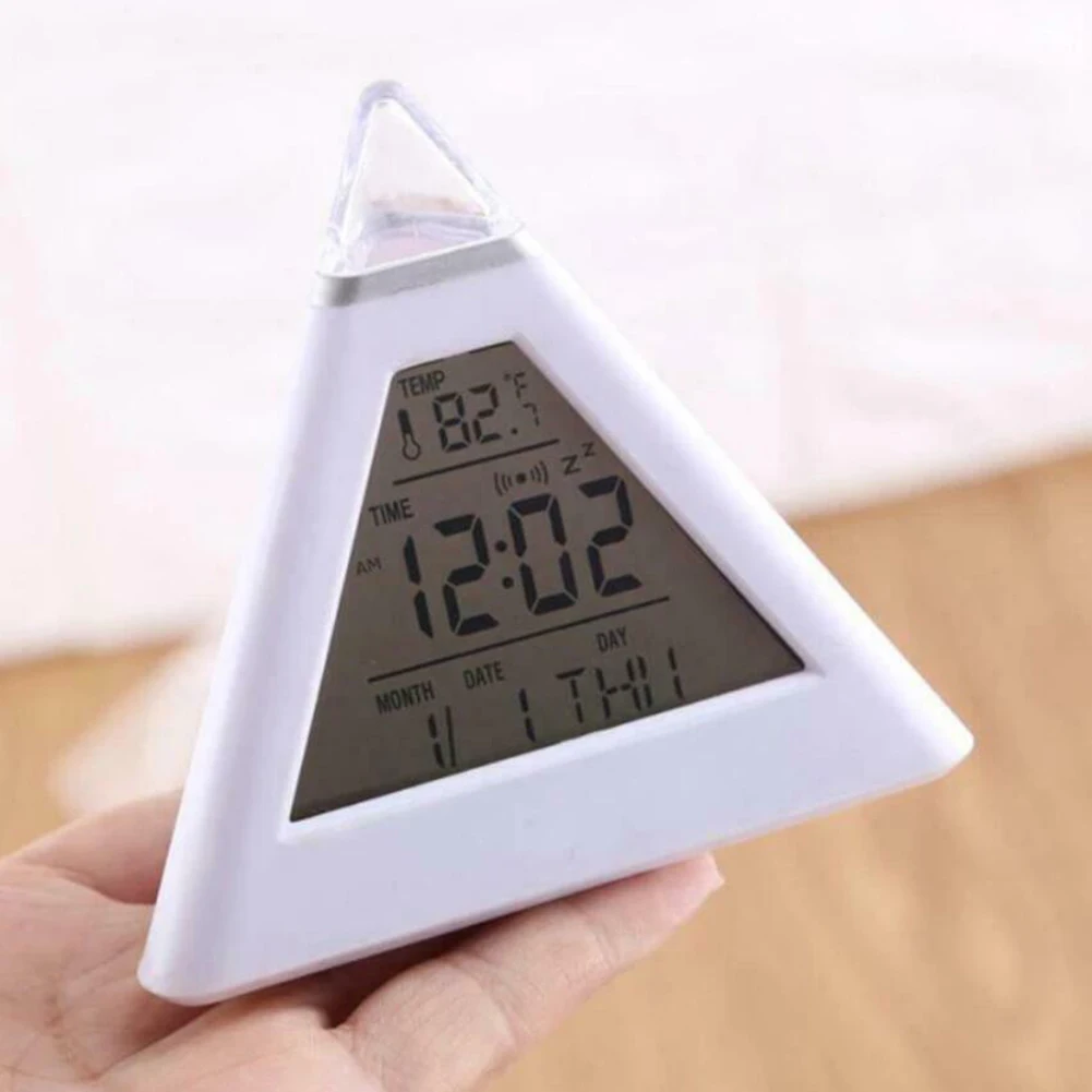 Digital Alarm Clock LED Screen Alarm Clocks Triangle 7 Colors Mood For Kid Bedroom Temperature Snooze Function Home Decor
Digital Alarm Clock LED Screen Alarm Clocks Triangle 7 Colors Mood For Kid Bedroom Temperature Snooze Function Home Decor
