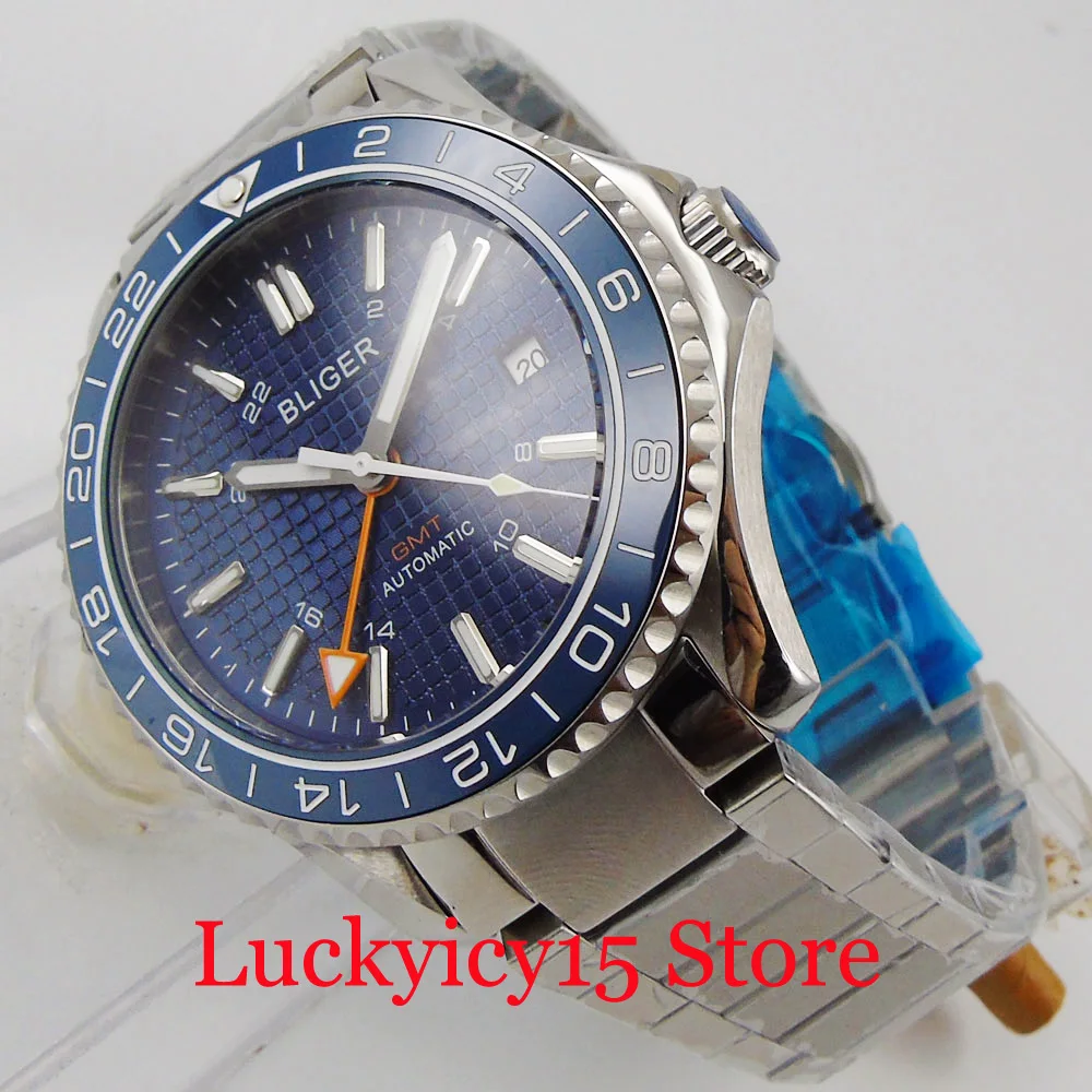BLIGER Blue Men Wristwatch GMT MINGZHU 3804 Movement Stainless Steel Bracelet Rotating Bezel Insert
BLIGER Blue Men Wristwatch GMT MINGZHU 3804 Movement Stainless Steel Bracelet Rotating Bezel Insert