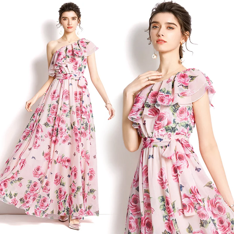 2022 New Design Spring Holiday Beach Maxi Dress Elegant Women One Shoulder Rose Flower Print Chiffon Pink Ruffles Long Vestidos
2022 New Design Spring Holiday Beach Maxi Dress Elegant Women One Shoulder Rose Flower Print Chiffon Pink Ruffles Long Vestidos