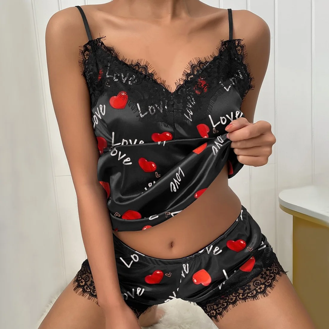 Lace Pijama Dots Print Women's Pajama Sets V-Neck Stretch Satin Sexy Lingerie Sleepwear Pajamas Home Wear Nightwear Clothing
Lace Pijama Dots Print Women's Pajama Sets V-Neck Stretch Satin Sexy Lingerie Sleepwear Pajamas Home Wear Nightwear Clothing