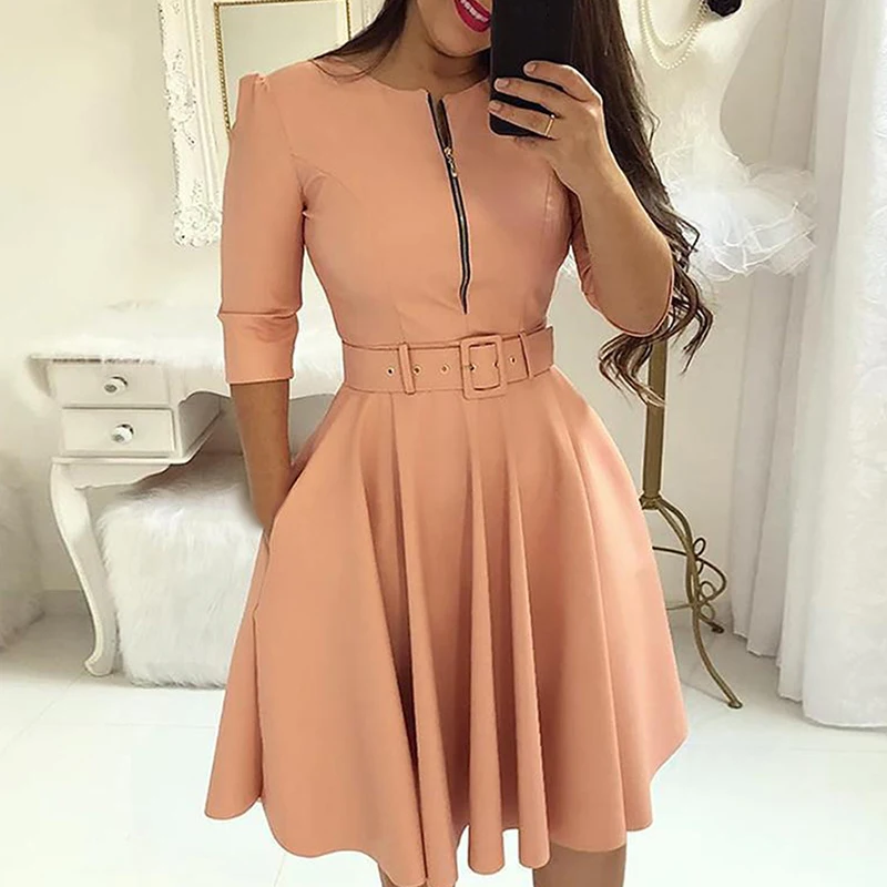Women Fall Half Sleeve Elegant Tunic Dress Female Solid Zipper Belted Pleated Casual Office Dress Vestidos Mujer
Women Fall Half Sleeve Elegant Tunic Dress Female Solid Zipper Belted Pleated Casual Office Dress Vestidos Mujer