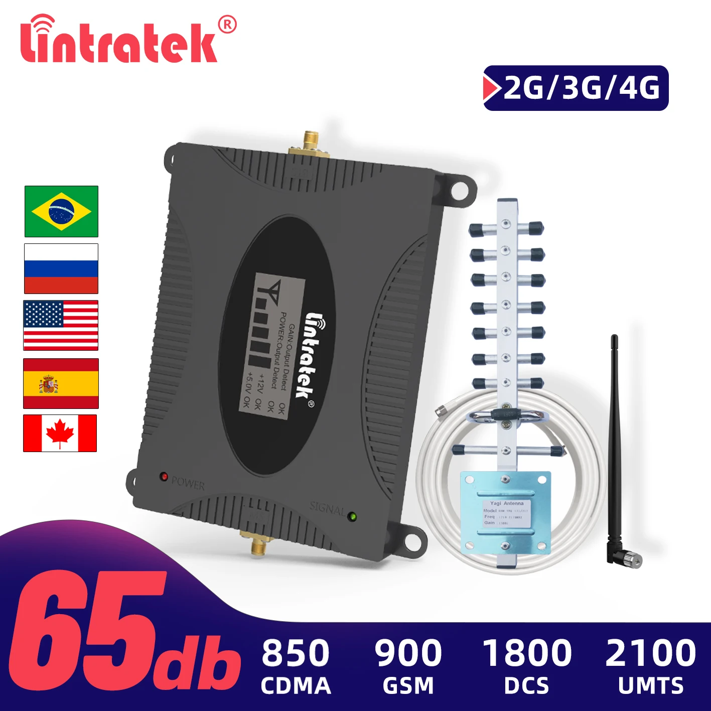 

Lintratek 4G LTE 1800mhz CDMA GSM Signal Amplifier 2G 3G UMTS DCS 2100 Repeater 850 900 Cellular Booster Yagi Antenna Full Kit