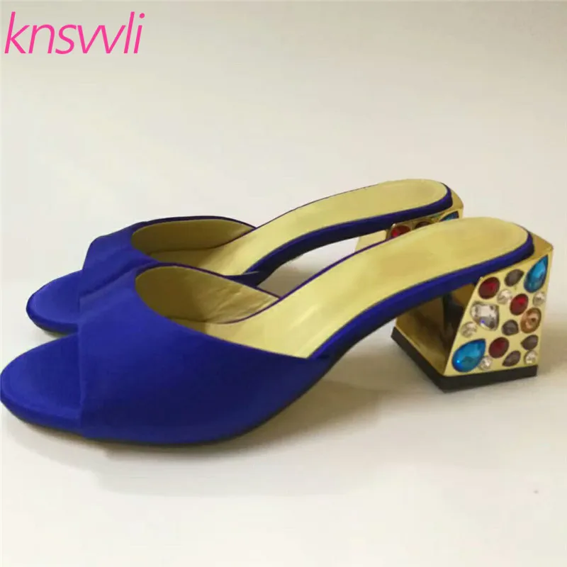 Colourful Rhinestone High Heels Slippers Women Blue Purple Satin Peep Toe Slides Chunky Heel Fashion Shoes Woman Zapatos De Muje
Colourful Rhinestone High Heels Slippers Women Blue Purple Satin Peep Toe Slides Chunky Heel Fashion Shoes Woman Zapatos De Muje