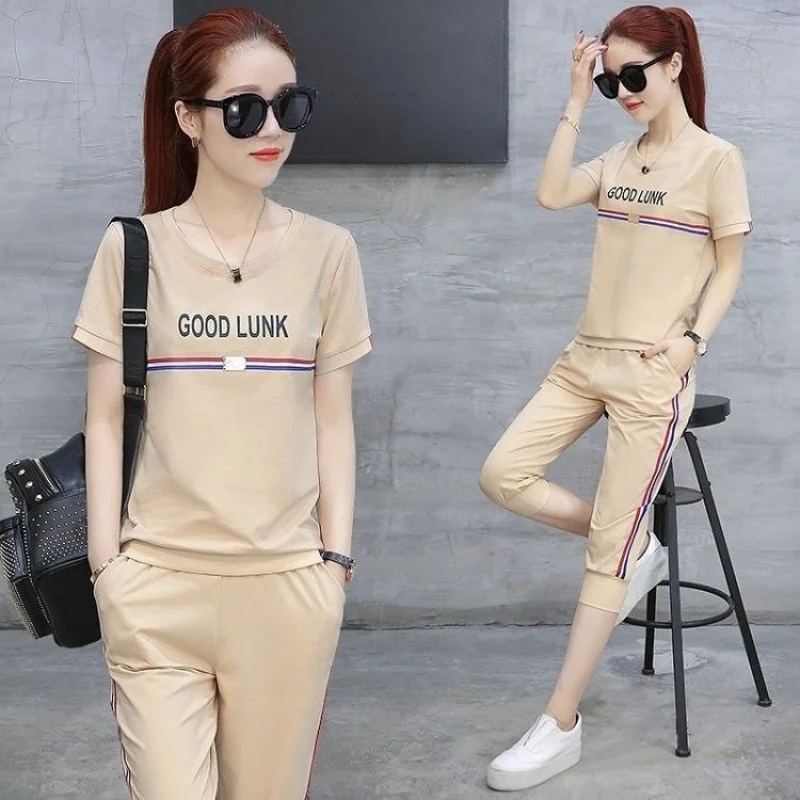 Длинный Повседневный Спортивный костюм с коротким рукавом, женская летняя Модная студенческая одежда для бега, укороченные брюки, Корейска... 
Длинный Повседневный Спортивный костюм с коротким рукавом, женская летняя Модная студенческая одежда для бега, укороченные брюки, Корейска...