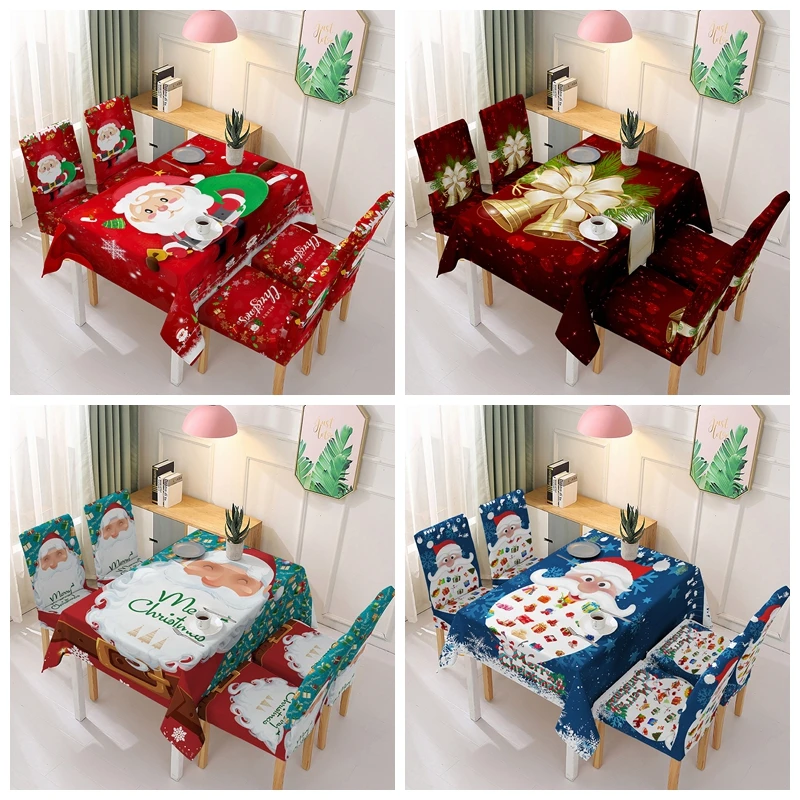 

Christmas Tablecloth Santa Claus Bells Table Cloth Desk Chair Cover Seat Slipcover with Back for Kitchen Dining Room 210cm