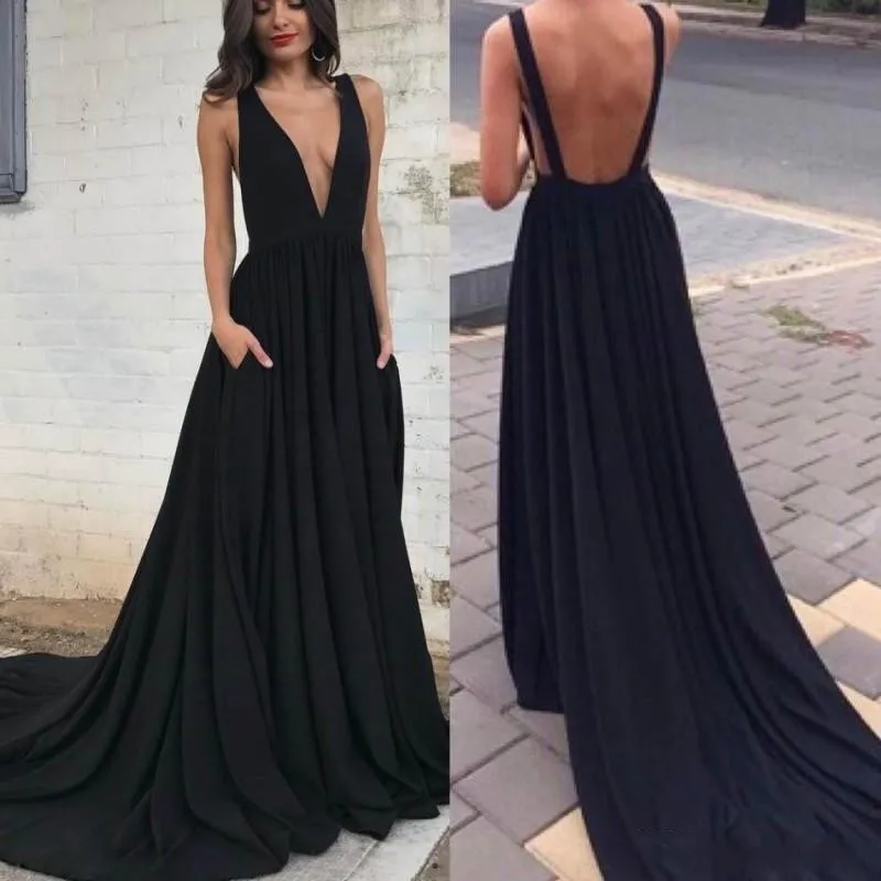 Sexy Back Deep V Neck Black Prom Dresses 2020 A Line Formal Dress Evening Wear With Pockets For Girls
Sexy Back Deep V Neck Black Prom Dresses 2020 A Line Formal Dress Evening Wear With Pockets For Girls