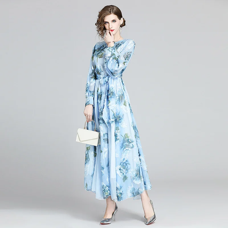 COIGARSAM Fashion Patchwork Print Chiffon New Lantern Sleeve High Waist Dresses Pale Blue 3570|Женские платья| |
