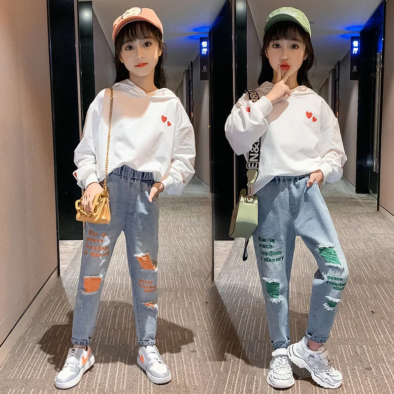 Girls Clothes Sets 2021 Autumn Hooded Tracksuit For Girls Long-Sleeved Sweatshirts+Ripped Jeans Kids Clothing Outfits 8 10 Years
Girls Clothes Sets 2021 Autumn Hooded Tracksuit For Girls Long-Sleeved Sweatshirts+Ripped Jeans Kids Clothing Outfits 8 10 Years