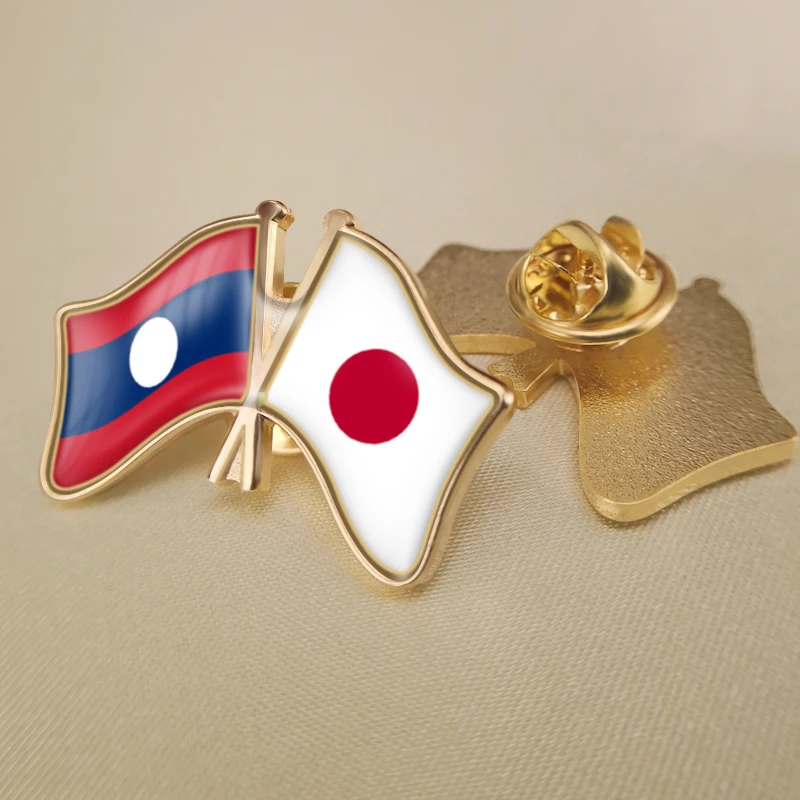 

Lao People's Democratic Republic and Japan Crossed Double Friendship Flags Lapel Pins Brooch Badges