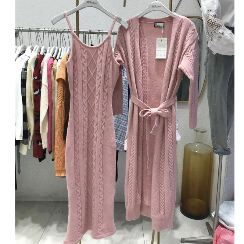 Elegant Fall Winter Thick Knitted 2 Piece Set Women Twist Long Cardigan Sweater Coat +Sleeveless Long Dress Suit Ensemble Femme 
Elegant Fall Winter Thick Knitted 2 Piece Set Women Twist Long Cardigan Sweater Coat +Sleeveless Long Dress Suit Ensemble Femme
