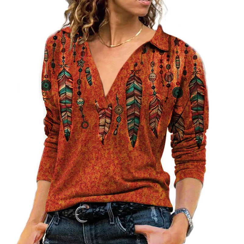 Long Sleeve Autumn Women T-shirt Turn-down Collar V-neck Vintage Feather Print Ethnic New Casual Large Size Top Women's T-shirts
Long Sleeve Autumn Women T-shirt Turn-down Collar V-neck Vintage Feather Print Ethnic New Casual Large Size Top Women's T-shirts