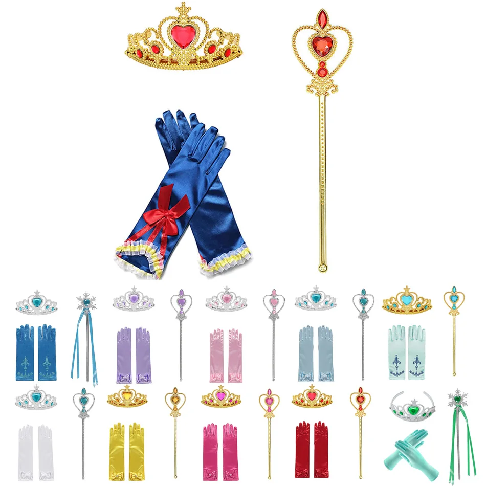 

Girls Princess Accessories Crown Magic Wand Gloves Sets Sleeping Beauty Belle Rella Anna Elsa Role Playing Supplies