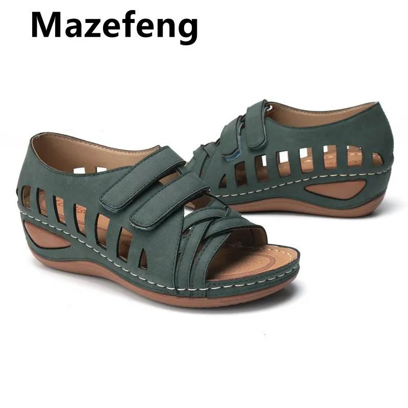 

Босоножки Mazefeng женские на танкетке, винтажные повседневные сандалии на танкетке, с пряжкой, Прошитые, большие размеры, на лето