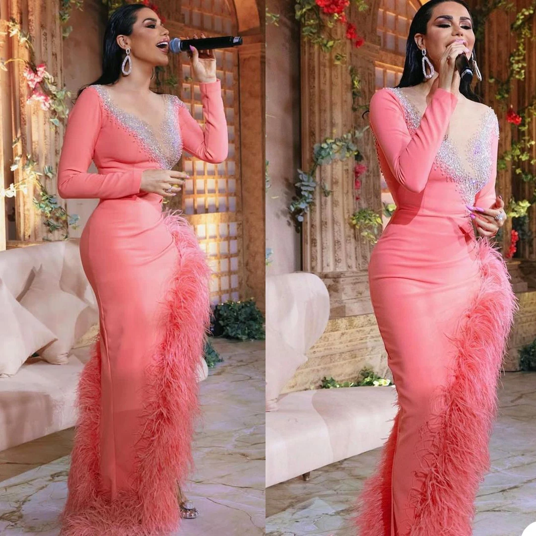 Ostrich Feather Pink Mermaid Evening Dresses Beading V Neck Long Sleeve Red Carpet Party Gowns Plus Size Side Split Prom Club
Ostrich Feather Pink Mermaid Evening Dresses Beading V Neck Long Sleeve Red Carpet Party Gowns Plus Size Side Split Prom Club