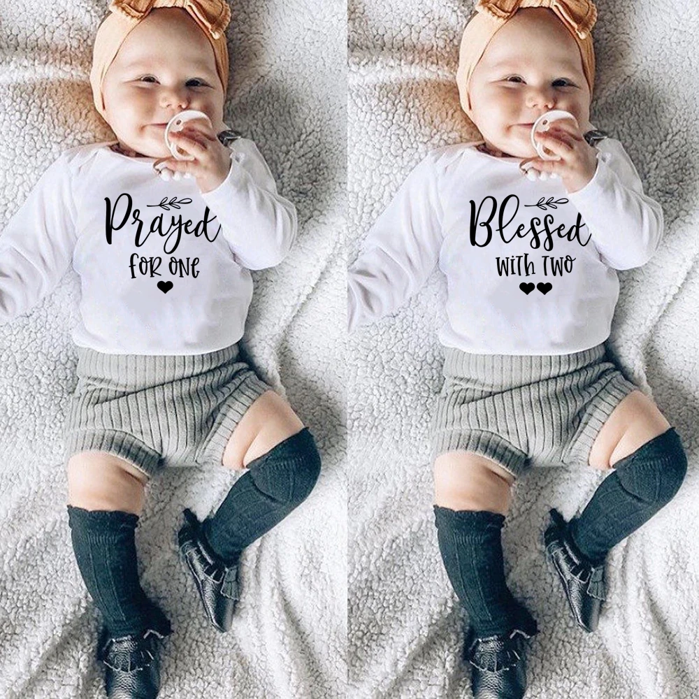 Prayed for One Blessed with Two Funny Print Twins Baby Bodysuits Boys Girls Long Sleeve Jumpsuits Baby Twins Coming Home Outfit
Prayed for One Blessed with Two Funny Print Twins Baby Bodysuits Boys Girls Long Sleeve Jumpsuits Baby Twins Coming Home Outfit