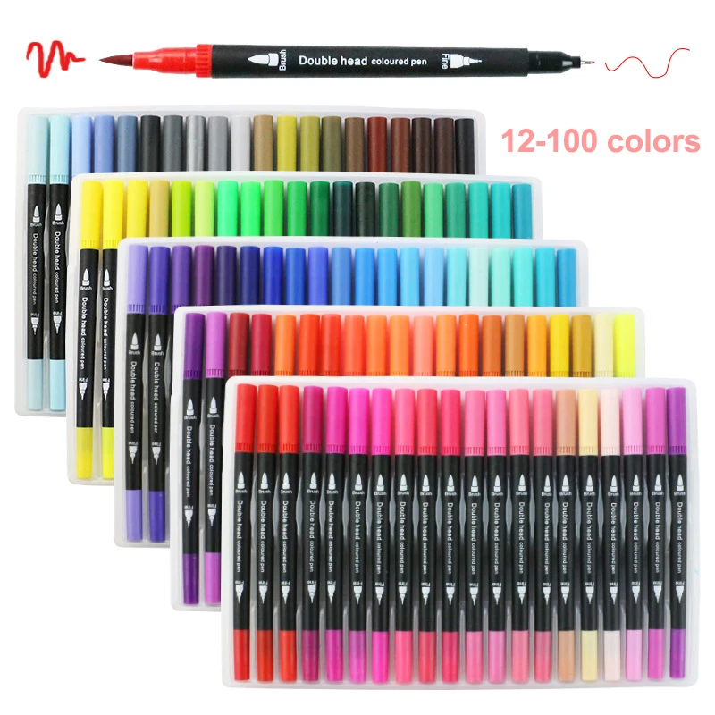 

12-100 шт набор цветов маркер двойной кончик кисти художественные Маркеры Ручка акварельные ручки для рисования каллиграфия товары для рукод...