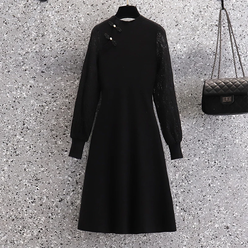 Plus Size Autumn Lace Patchwork Knitted Sweater Dress For Women French Vintage Long Sleeve Chinese Style High Waist A-line Robe
Plus Size Autumn Lace Patchwork Knitted Sweater Dress For Women French Vintage Long Sleeve Chinese Style High Waist A-line Robe