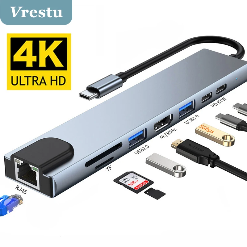 USB C HUB Type C PD87W RJ45 Adapter 8 in 1 HUB USB 3.0 2.0 Hab SDTF Card Reader Ethernet Convertor for Samsung Macbook Ultra 4K
USB C HUB Type C PD87W RJ45 Adapter 8 in 1 HUB USB 3.0 2.0 Hab SDTF Card Reader Ethernet Convertor for Samsung Macbook Ultra 4K