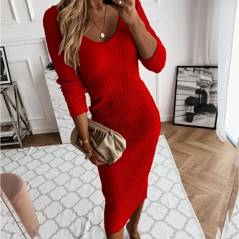 V-neck Long Sleeve Women Sweater Dress Sexy Midi Dress Fashion Knitted Chic Basic Outfits Popular Vestidos Female Woman Clothes
V-neck Long Sleeve Women Sweater Dress Sexy Midi Dress Fashion Knitted Chic Basic Outfits Popular Vestidos Female Woman Clothes
