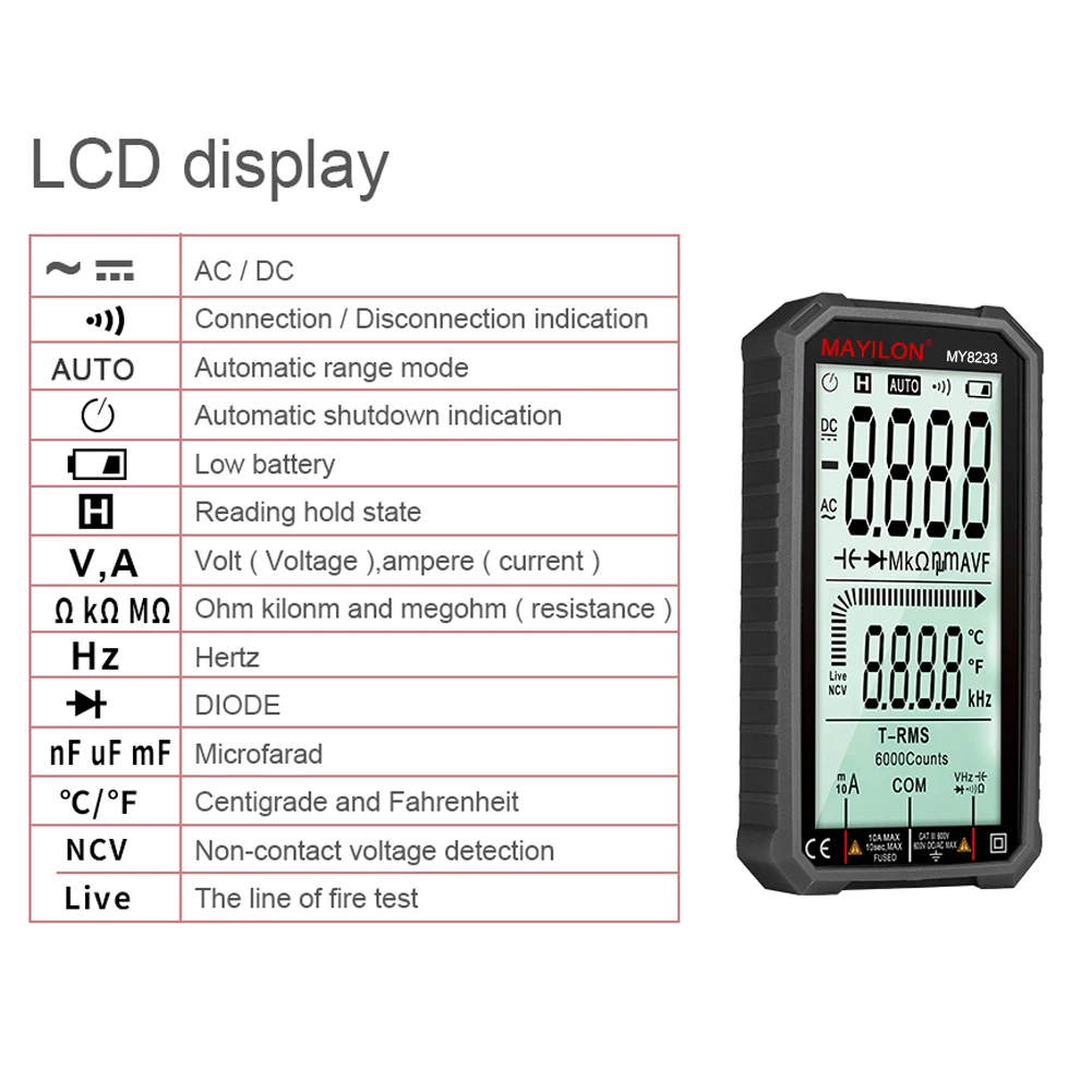 LCD Digital Intelligent Multimeter Direct Current AC Voltage Current Resistance Capacitance Line On-off Temperature Diode
LCD Digital Intelligent Multimeter Direct Current AC Voltage Current Resistance Capacitance Line On-off Temperature Diode