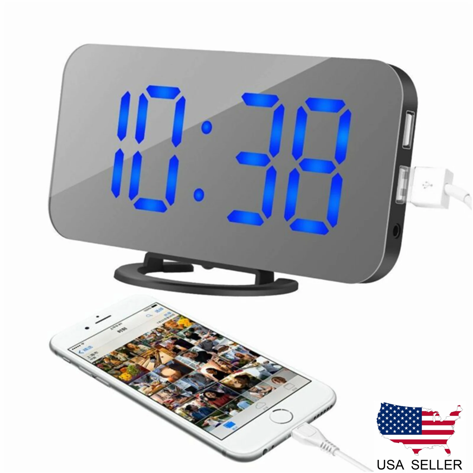 

Dual Mirror Digital LED Display Alarm Clock Power Bank Charging Snooze Function Wake Up Electronic Table Clocks Home Decor