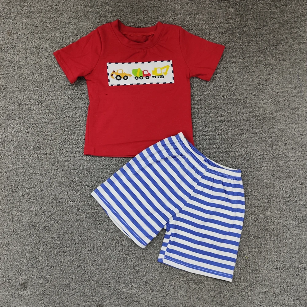 Summer Clothes Red Short Sleeve Top And Blue Striped Shorts Cement Tanker Excavator Embroidered Pattern Boys Clothes
Summer Clothes Red Short Sleeve Top And Blue Striped Shorts Cement Tanker Excavator Embroidered Pattern Boys Clothes