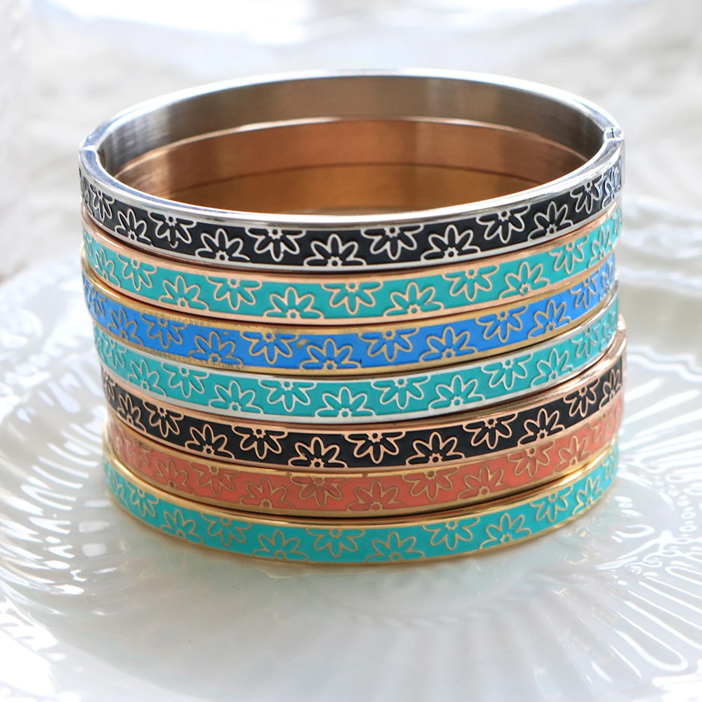 New Trendy Cute Flower Engraved Bracelets Bangle Stainless Steel Colorful Enamel Bracelet Bangle For Women Party Jewelry Gift
New Trendy Cute Flower Engraved Bracelets Bangle Stainless Steel Colorful Enamel Bracelet Bangle For Women Party Jewelry Gift