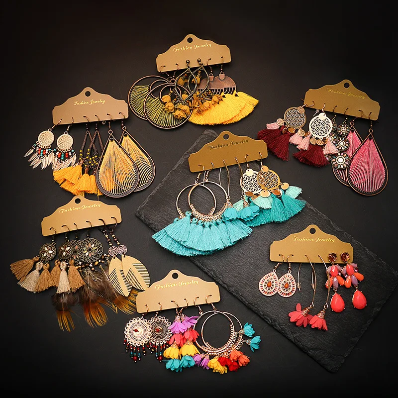 Hot Mixed 6 Sets/lot Fashion Boho Tassel Dangle Earrings for Women Ethnic Mix Designs Geometric Fringe Earring Sets Wholesale
Hot Mixed 6 Sets/lot Fashion Boho Tassel Dangle Earrings for Women Ethnic Mix Designs Geometric Fringe Earring Sets Wholesale