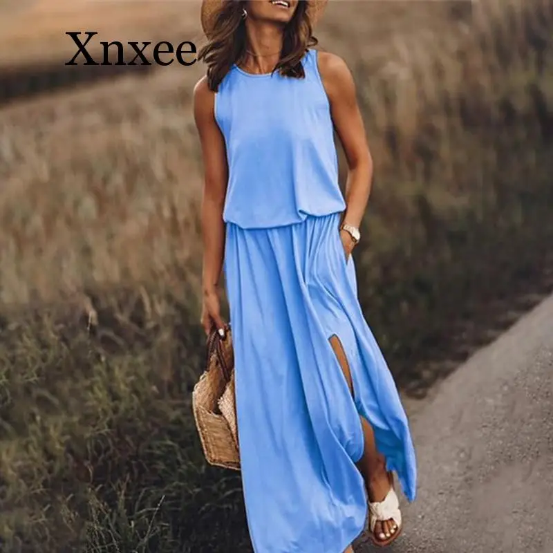 Women's Boho Loose Split Maxi Dresses Sleeveless Elastic Waist Long Dress Female 2020 Spring Summer Lady Beach Dresses Plus Size
Women's Boho Loose Split Maxi Dresses Sleeveless Elastic Waist Long Dress Female 2020 Spring Summer Lady Beach Dresses Plus Size