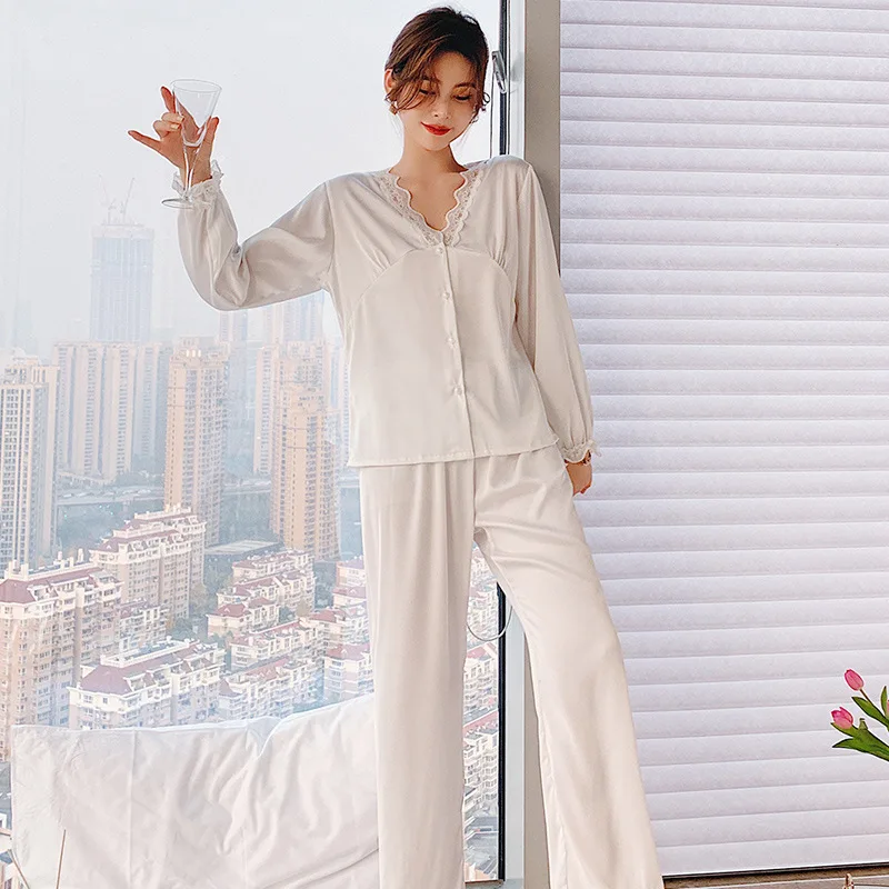 Pajamas Women Summer Button-Down Loungewear Sexy Satin Lace V-Neck Satin 2PCS Sleepwear Loose Soft Pyjamas Long Sleeve Sleep Set
Pajamas Women Summer Button-Down Loungewear Sexy Satin Lace V-Neck Satin 2PCS Sleepwear Loose Soft Pyjamas Long Sleeve Sleep Set