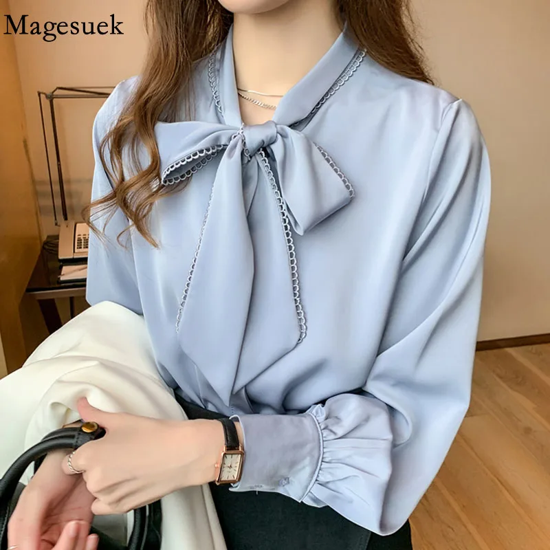 

Spring Satin Fashion Chiffon Blouse Women White Office Lady Clothes with Bow Korean Loose Tops 2021 Blue Long Sleeve Shirt 10691
