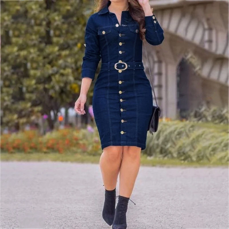Women Vintage Long Sleeve Button Up Knee Length Skinny Denim Dress Vintage Bodycon Midi Jeans Dresses Belt Vestidos Fall Winter
Women Vintage Long Sleeve Button Up Knee Length Skinny Denim Dress Vintage Bodycon Midi Jeans Dresses Belt Vestidos Fall Winter