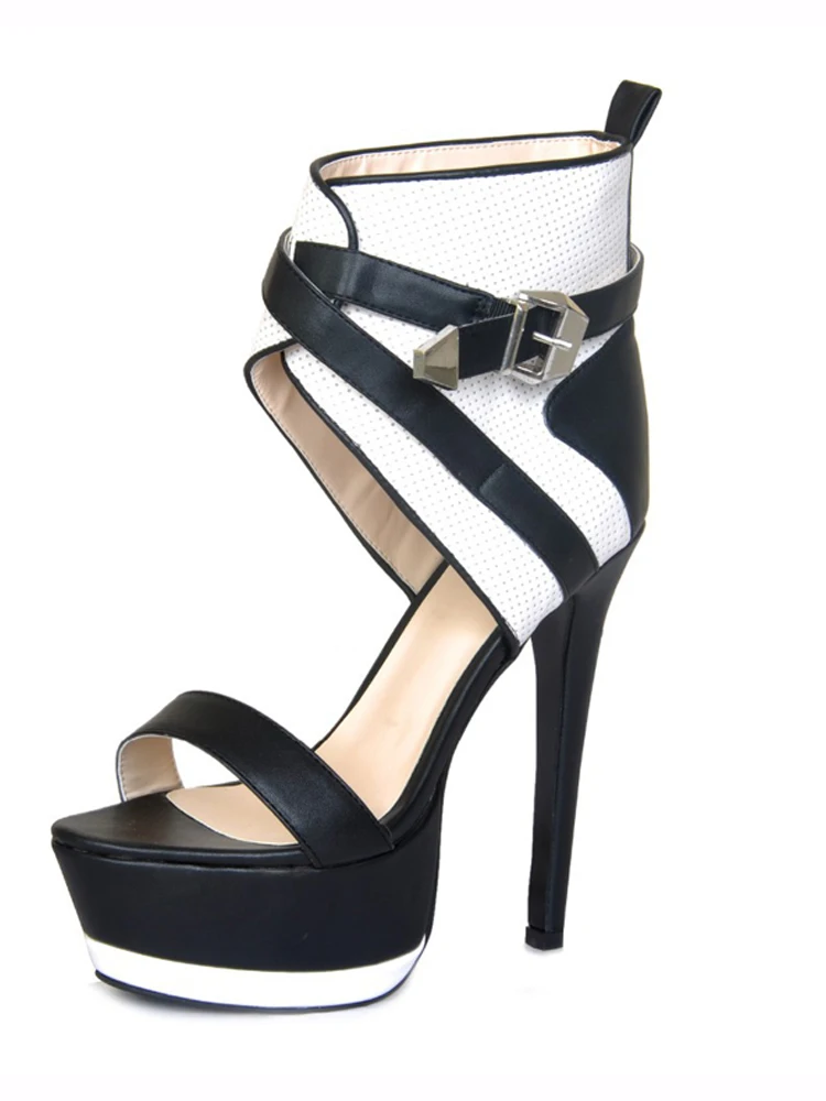 

Minan Ser Elegant and stylish black and white leather with buckle Free Post 16 cm high-heeled women's sandals. Size: 35-43
