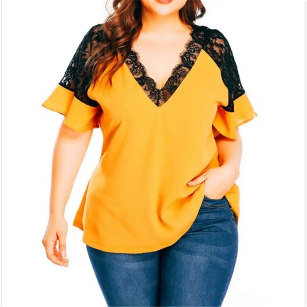 Plus size Shirts Sexy Women Summer Autumn Short Ruffled Sleeve Deep V Neck Lace Patchwork Loose Blouse 2021 
Plus size Shirts Sexy Women Summer Autumn Short Ruffled Sleeve Deep V Neck Lace Patchwork Loose Blouse 2021