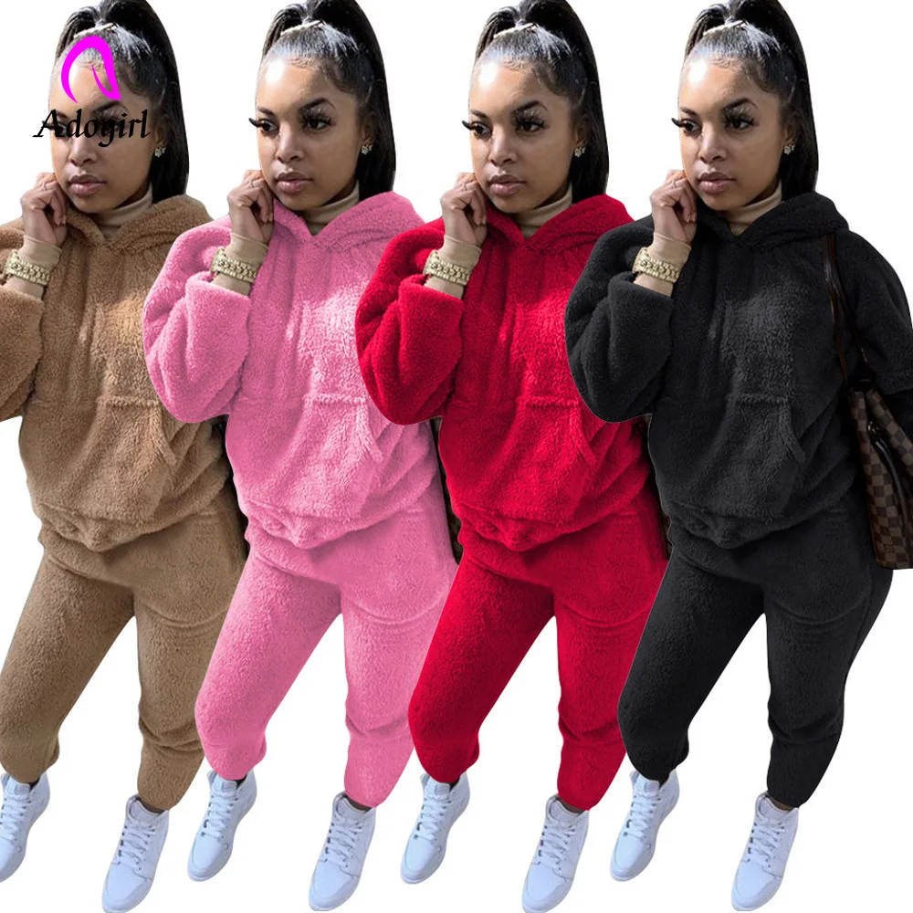 

Plush Warm Fluffy Suits Women's Tracksuits Long Sleeve Hooded Sweatsuit Hoodie and Bodycon Jogger Sporty Home Teddy 2 Piece Set