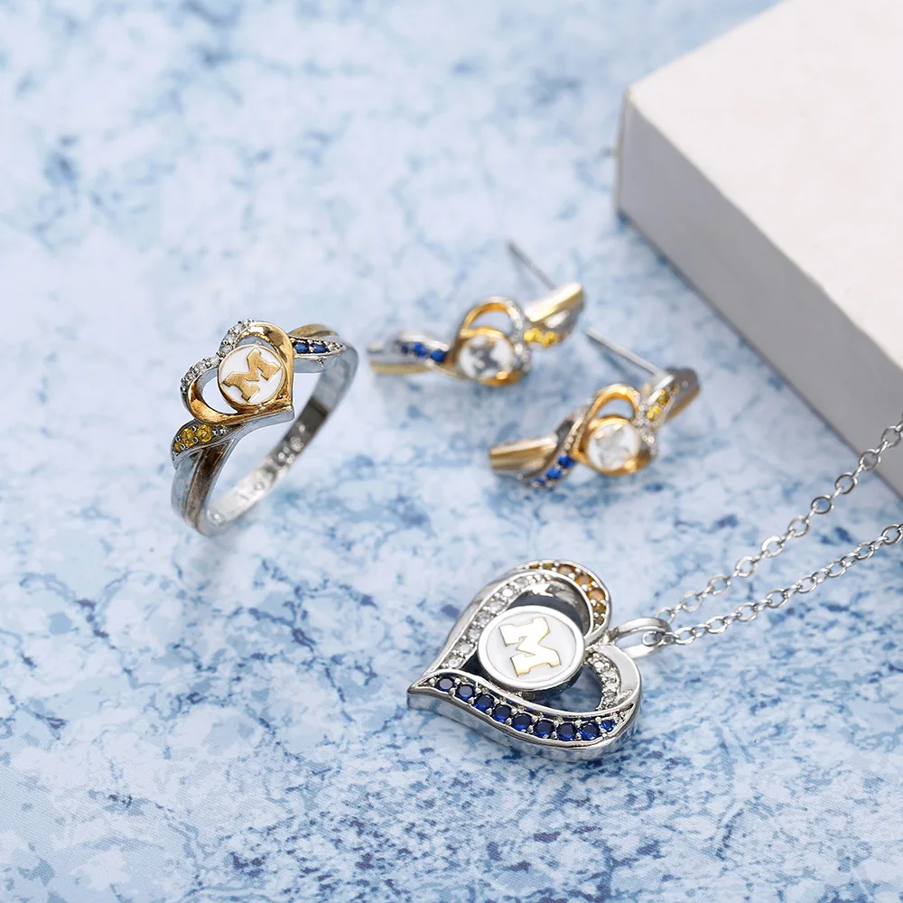 Romantic American Football Wolverines Blue Ring Heart-shaped Earrings Necklace Wedding Engagement Jewelry Sets 2021 Trend
Romantic American Football Wolverines Blue Ring Heart-shaped Earrings Necklace Wedding Engagement Jewelry Sets 2021 Trend