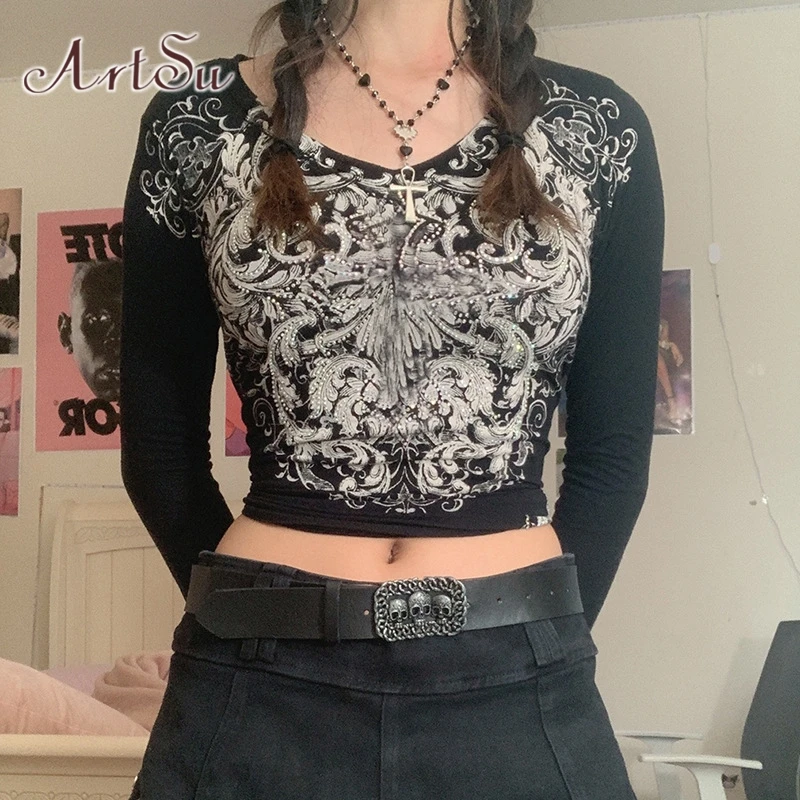 ArtSu Harajuku Top Women Autumn Black Printed Graphic T shirts Y2K Streetwear Vintage Skinny Long Sleeve Cropped T-shirt Clothes 
ArtSu Harajuku Top Women Autumn Black Printed Graphic T shirts Y2K Streetwear Vintage Skinny Long Sleeve Cropped T-shirt Clothes